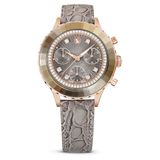 Swarovski Octea Chrono horloge, Swiss Made, Lederen band, Grijs, Roségoudkleurige afwerking