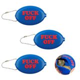 Fisura – Ovale rubberen portemonnee “F*ck off” donkerblauw. Retro portemonneetje met ketting, compact en onmiskenbaar unisex, ideaal als cadeau. 3 stuks.