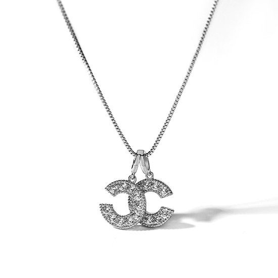 Zilverkleurige dubbele C ketting met Swarovski kristal - 45 cm - Juwelia