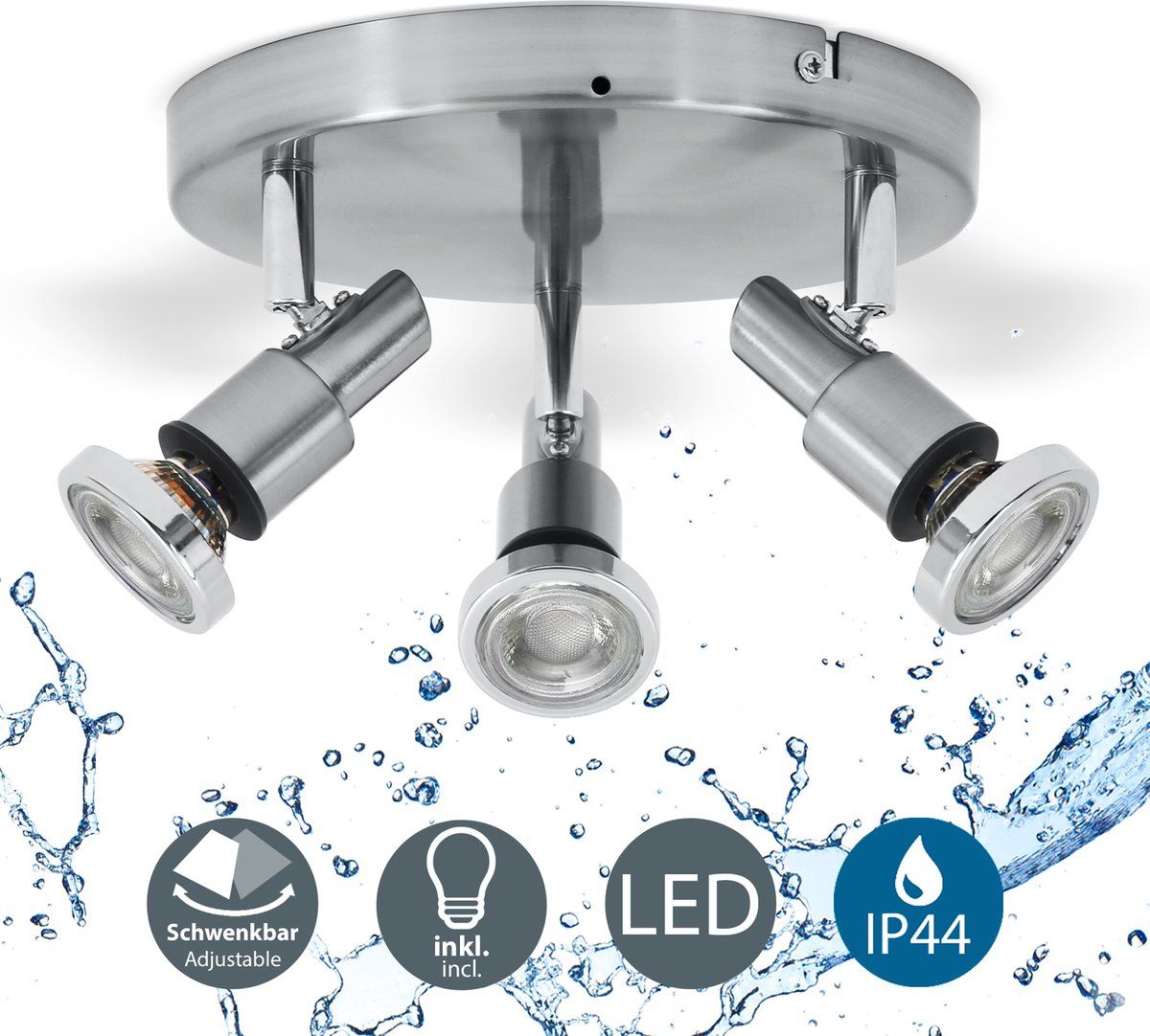 B.K.Licht - Plafondspots Badkamer - badkamerlamp - GU10 fitting - opbouwspots met 3 lichtpunten - draaibar - IP44 - incl. 3x GU10 - 3.000K - 400Lm - 5W - Metaal - Mat-nikkel-chroom