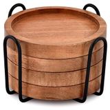 Acacia Wooden Coasters Set of 4 - With Iron Drink Holder for Table Protection