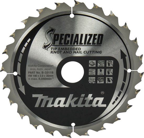 Makita Cirkelzaagblad voor Hout | Specialized: Noest/Spijker | Ø 190mm Asgat 30mm 24T - B-33118