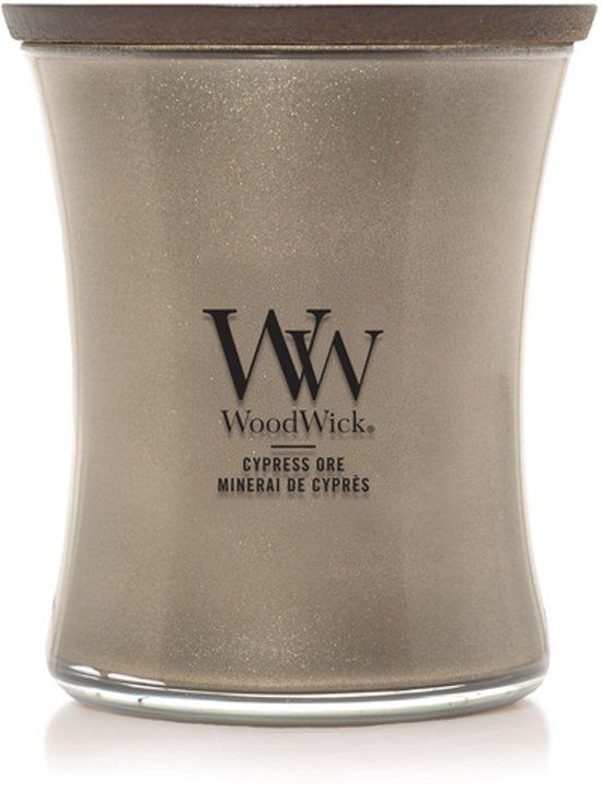 Woodwick Hourglass Medium Geurkaars - Cypress Ore - Nikkel - 60 branduren