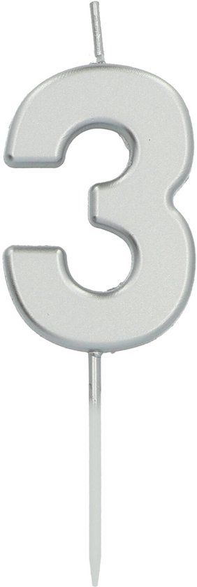 Folat Kaars cijfer 3 zilverkleurig 5 cm