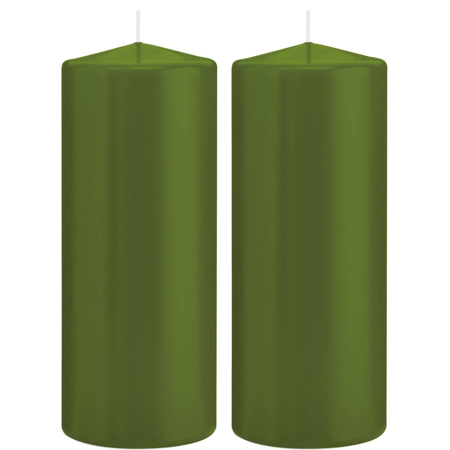 Trend Candles 2x Olijfgroene cilinderkaarsen/stompkaarsen 8 x 20 cm 119 branduren - Geurloze kaarsen olijf groen - Woondecoraties