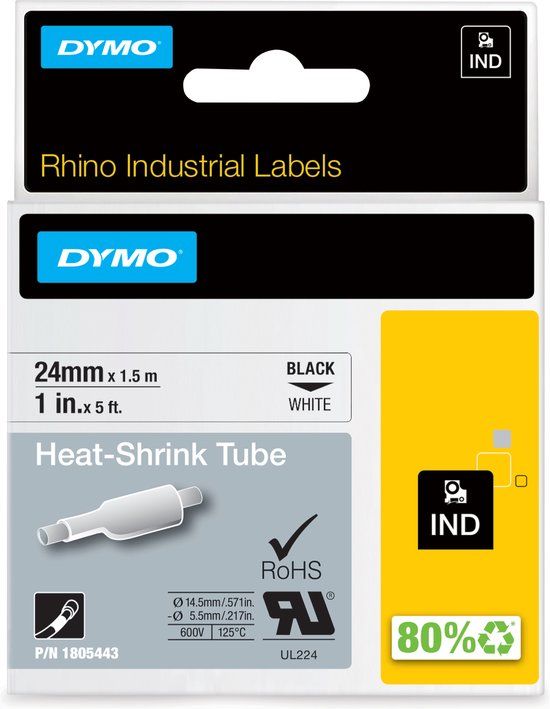 DYMO Rhino Heat-Shrink Tube Labels - 24mm - Black on White