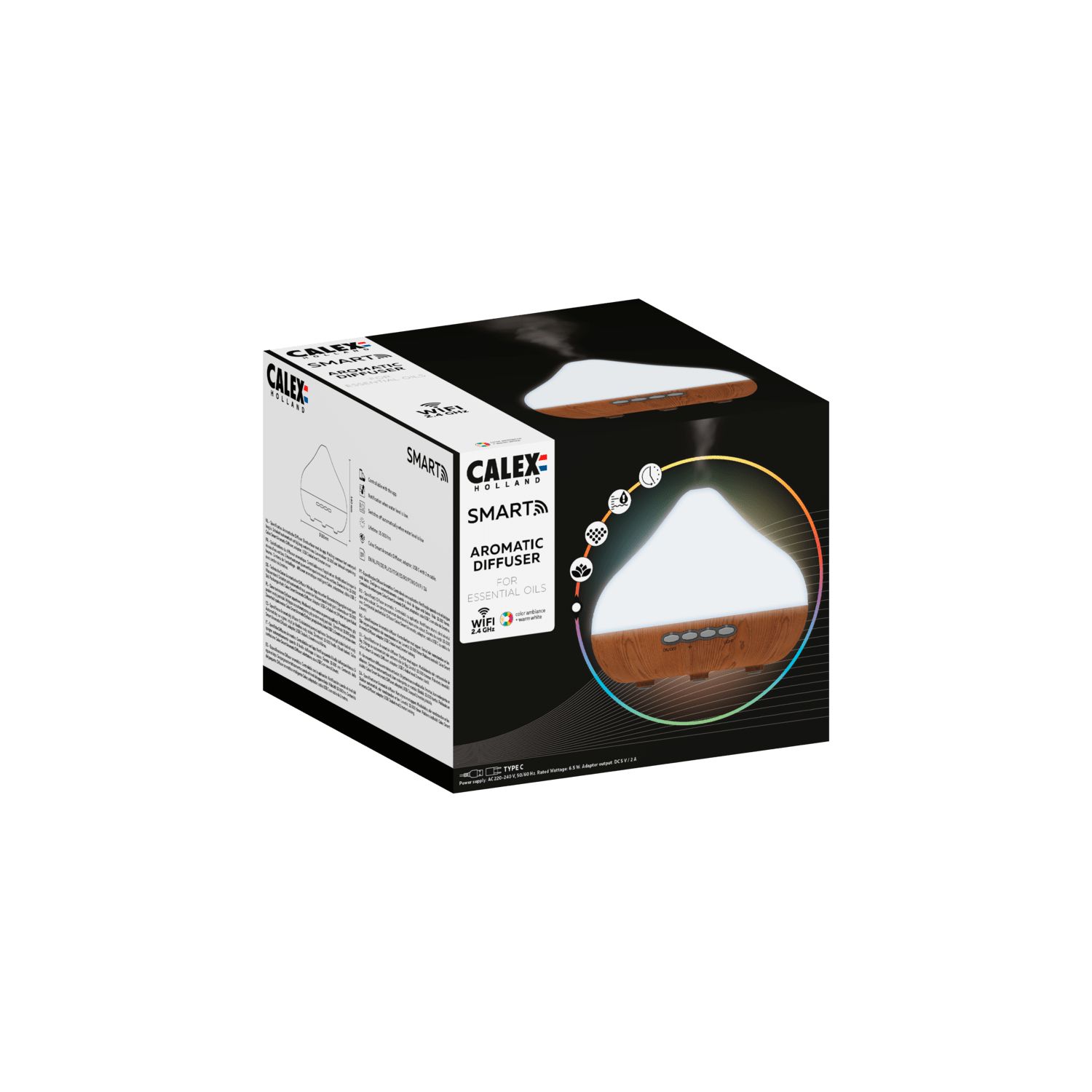 Calex Smart Aroma Diffuser - Wifi Luchtbevochtiger - Wit & Houtlook - 280 ml