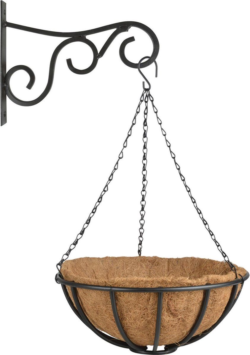 Esschert Design Hanging basket 35 cm met metalen muurhaak en kokos inlegvel - Complete hangmand set van gietmetaal