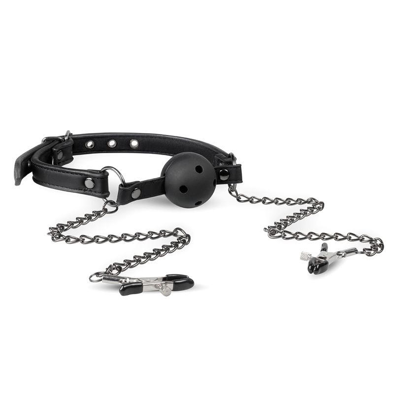 Easytoys Fetish Collection Open Ball Gag Met Tepelklemmen