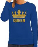 Bellatio Decorations Koningsdag Sweater voor dames - Queen - glitter goud - blauw - feestkleding M