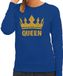 Bellatio Decorations Koningsdag Sweater voor dames - Queen - glitter goud - blauw - feestkleding M