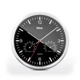 Mebus Wandklok met thermometer en hygrometer / zilver frame / zwarte wijzerplaat / 25cm diameter / rond / model: 56731 / kleur: zilver, zwart