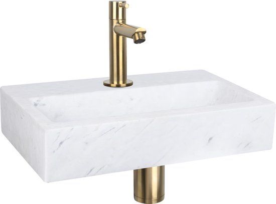 Differnz Flat Fonteinset - Wasbak Marmer Wit - Rechte Kraan Mat Goud - 38x24x8cm