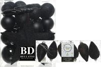 Decoris Kerstversiering kunststof kerstballen en hangers - zwart - 5-6-8 cm - 39x stuks - Met stervorm piek 19 cm