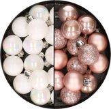 Merkloos / Sans marque Kaemingk B.V. 28x stuks kleine kunststof kerstballen lichtroze en parelmoer wit 3 cm - Kerstboomversiering