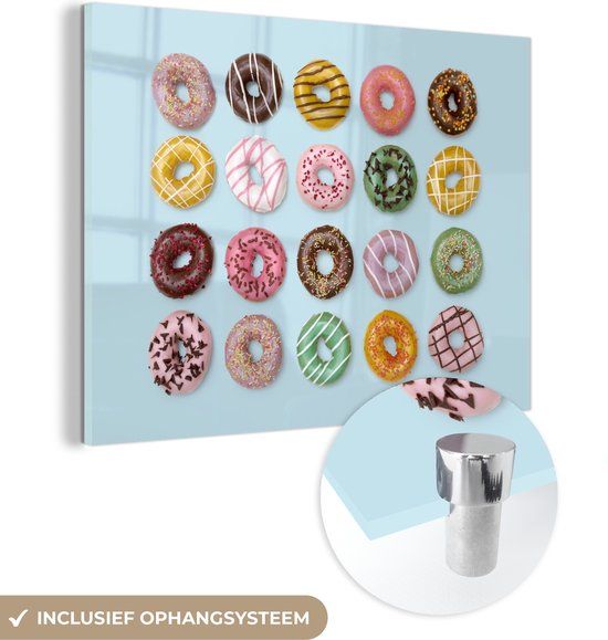 MuchoWow® Glass Painting 120x90 cm - Acrylic Glass Painting - Donuts on Blue Background - Photo on Glass - Paintings