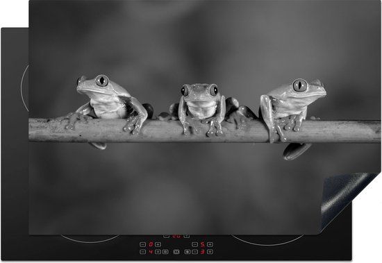 KitchenYeah® Inductie beschermer 77x51 cm - Drie poserende rood-oog-kikkers fotoprint - zwart wit - Kookplaataccessoires - Afdekplaat voor kookplaat - Inductiebeschermer - Inductiemat - Inductieplaat mat
