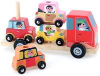 Vilac Stapel'auto 4-delig - Ingela P.Arrhenius - Houten auto - 1 vrachtwagen + 1 houten aanhanger + 4 houten voertuigen. - Houten speelgoed voor kinderen vanaf 2 jaar - 7636