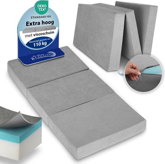 Beautissu VS95 – Premium Opvouwbaar Matras XL 100X200cm – Extra Dik 14cm Traagschuim Vouwmatras H3 – Wasbar – Eenvoudig Transport – Grijs