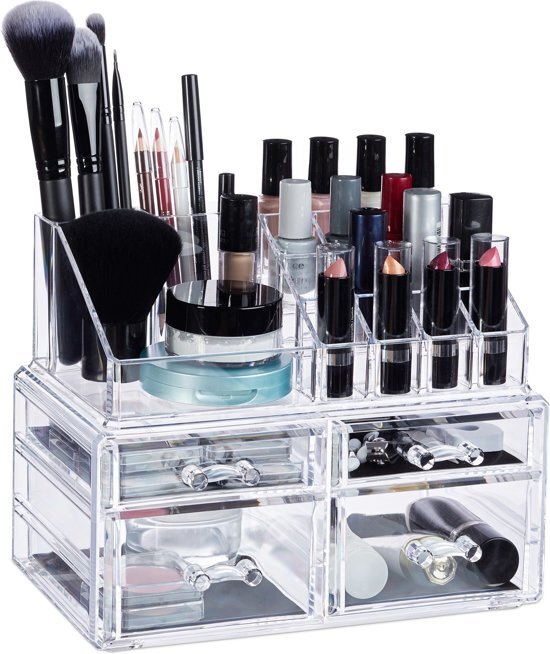 Relaxdays Make up organizer met 4 lades - acryl make up toren - doorzichtig - 16 vakken doorzichtig