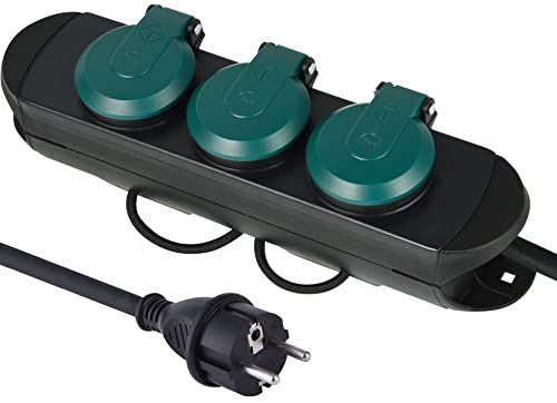 Electraline 62572 Professionele stekkerdoos voor buiten, 3 geaarde stopcontacten met IP44-stekker, 1,4 M rubberen kabel H07RN-F 3G1.5, zwart/groen