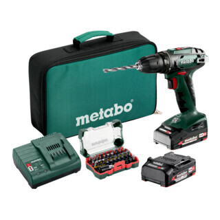 Metabo Metabo Accu-boorschroefmachine BS 18 set (602207930) met bit-box SP (32-delig); Gereedschapstas; 18V 2x2Ah Li-Power + SC 30 Aantal:1
