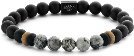 Frank 1967 7FB 0244 Heren Armband met Stalen Element - Agaat en Jaspis natuursteen 8 mm - One-size - Zwart / Grijs