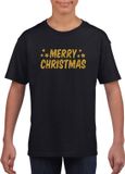 Bellatio Decorations Shoppartners Bv Merry Christmas Kerst t-shirt - zwart met gouden glitter bedrukking - kinderen - Kerstkleding / Kerst outfit 104/110