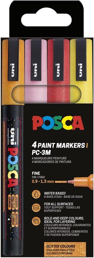 Posca Uni POSCA paintmarker PC-3ML | 1 | 5 mm | glitter | etui van 4 stuks oranje | roze | rood en geel