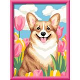 Ravensburger CreArt, Malen nach Zahlen Kinder - Corgi im Blütenmeer