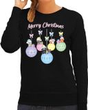 Bellatio Decorations Foute Kersttrui voor dames - kerstballen - zwart/pastel - kerstpoesjes - Merry Christmas S