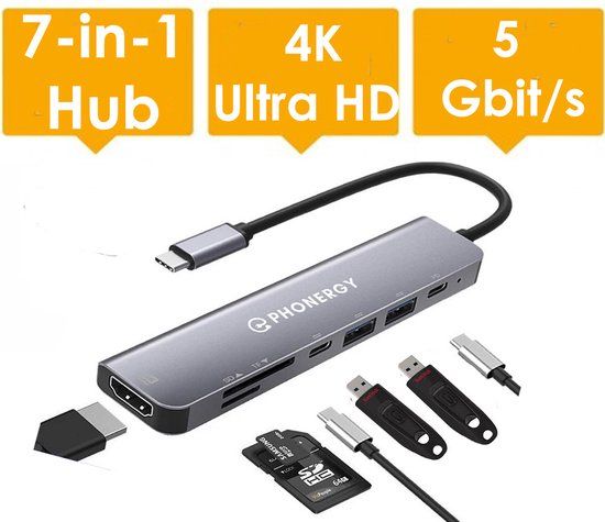 Phonergy Maxx 7-in-1 USB-C Hub - 4K HDMI, 3x USB 3.0, SD/TF Reader - Space Grey