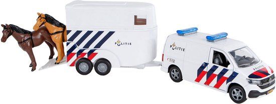Kids Globe VW Transporter Politie met Paardentrailer - Wit - Metaal - 1.34 Schaal