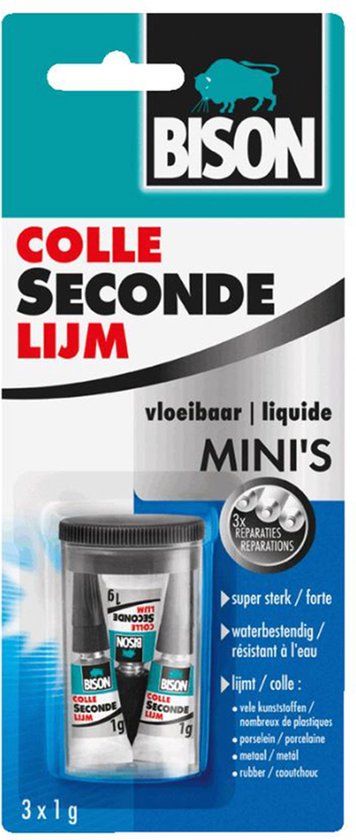 Bison Secondelijm Vloeibaar Mini's - 3 x 1g - Universele Lijm - Watervast