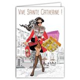Kaart Vive Saint Catherine Kaart die opent Gelukkig Feest 25 november voor Meisje Vrouw Catherinette Mode Star Handtas Shopping Zonnebril Laarzen Met Witte Envelop Formaat 12 x 17,5 cm
