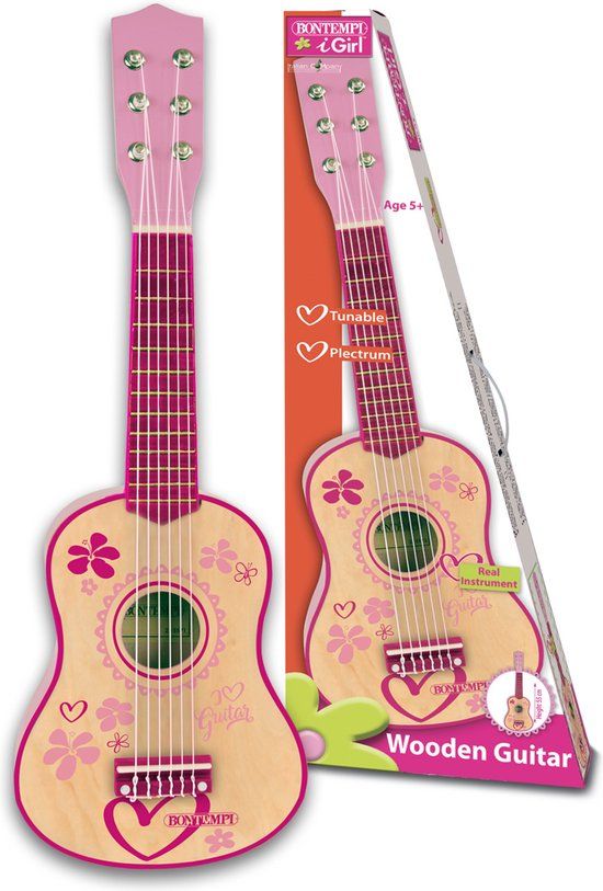Bontempi Spa Kindergitaar - Roze - Hout - 6 Snaren