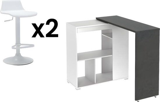 Bar set SATURNE bar cabinet + 2 CALAS bar stools - White and concrete look L 172 cm x H 100 cm x D 45 cm