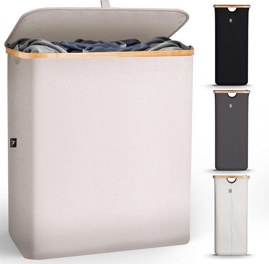 Merkloos Grote Wasmand met Deksel 2 Vakken | 140L Waszak | Wasmand voor Badkamer en Slaapkamer | Moderne Wasverzamelaar met Handvatten | Opvouwbare Wasmand - Beige
