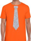 Bellatio Decorations Carnaval verkleed t-shirt - met zilveren glitter stropdas - oranje - voor heren - disco - glamour - koningsdag S