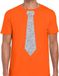 Bellatio Decorations Carnaval verkleed t-shirt - met zilveren glitter stropdas - oranje - voor heren - disco - glamour - koningsdag S