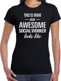 Bellatio Decorations Awesome Social worker / geweldige maatschappelijk werkster cadeau t-shirt zwart - dames - kado / verjaardag / beroep shirt XXL