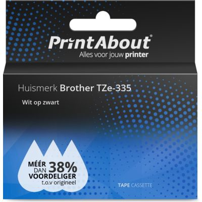 PrintAbout Huismerk Brother TZe-335 Tape Wit op zwart (12 mm)