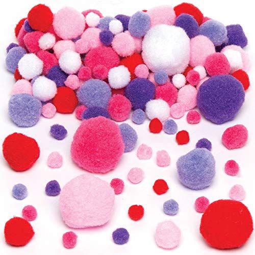 Baker Ross pompons in rood, roze, violet en wit voor kinderen om te versieren en te knutselen - creatief knutselset (200 stuks)