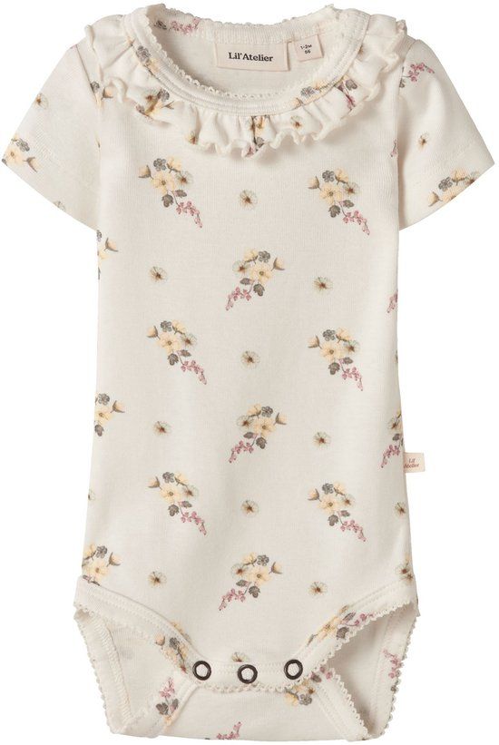 Lil' Atelier Baby Romper Korte mouwen Vrouwen Gebloemd Coconut Milk 57% Biologisch katoen, 38% TENCEL™ Lyocell, 5% Elastaan