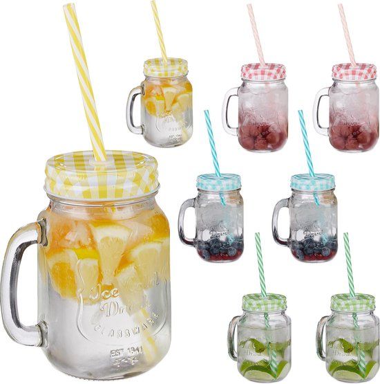 Drinkglazen met rietje - set van 8 - 400 ml - met deksel - diverse kleuren