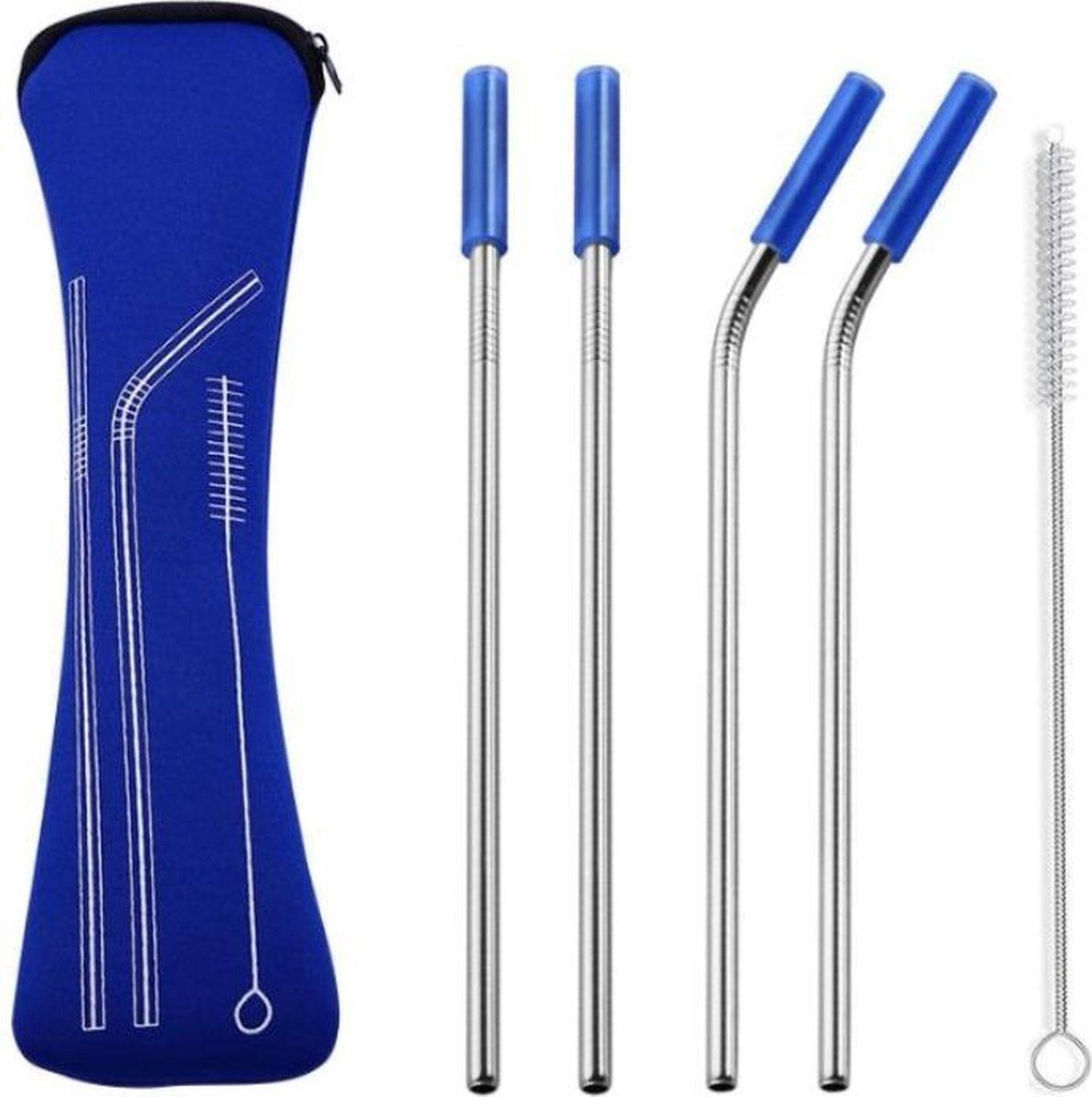 Fako Bijoux RVS Rietjes - 4 Stuks - 2 x Recht & 2 x Gebogen - 21 cm - Donkerblauw