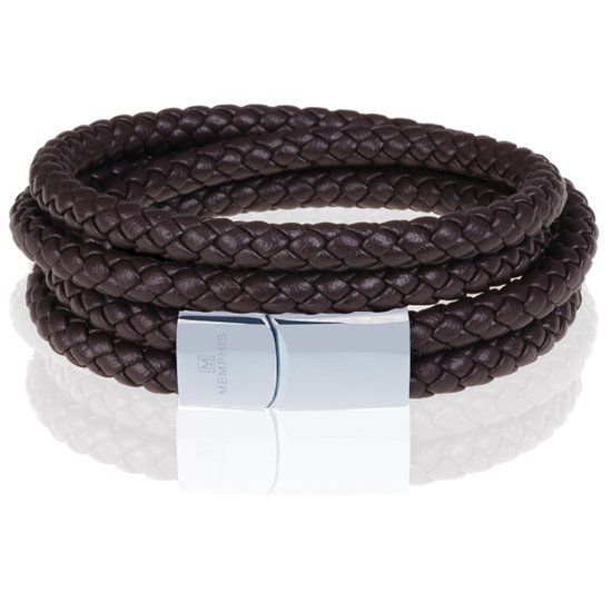Memphis dubbele wrap armband Leer Bruin Zilverkleurig-23cm