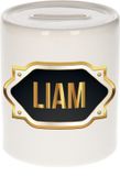 Bellatio Decorations Shoppartners Bv Spaarpot met voornaam Liam - wit - met goud/zwart embleem - 8 x 9 cm - keramiek - met afsluitdop - cadeau verjaardag