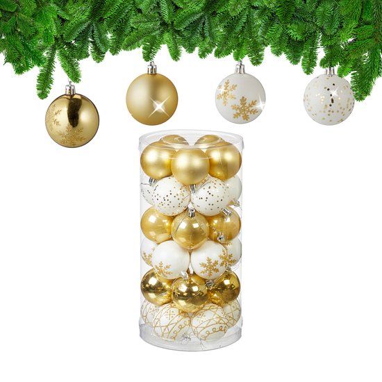 Relaxdays Kerstballen Set van 30 - Kunststof - Ø 6 cm - Mat, Glanzend, met Glitters - Goud