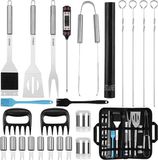 Merkloos Barbecue-accessoires, roestvrij staal, hoogwaardig BBQ-bestek, met draagbare opbergkoffer, perfecte barbecue-gereedschapsset voor mannen, met vleesthermometer, cadeau